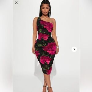 Floral One-Shoulder Dress - Black and Pink
